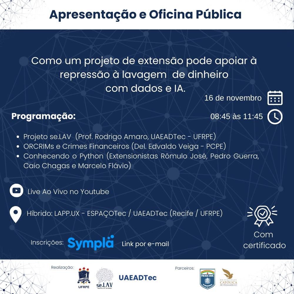 Texto do cartaz: "Apresentação e oficina pública. Como um projeto de extensão pode apoiar à repressão à lavagem de dinheiro com dados e IA". 16 de novembro. 08h45 ás 11h45. Programação: Apresentação do Projeto se.LAV - Prof. Rodrigo Amaro, UAEADTec-UFRPE ORCRIMs e Crimes Financeiros - Delegado Edvaldo Veiga, PCPE Conhecendo o Python - Extensionistas Rômulo José, Caio Chagas, Marcelo Flávio e Pedro Guerra. Live ao vivo Youtube. Híbrido: LAPP.UX-EspaçoTec/UFRPE (Recife/UFRPE). Inscrições: Sympla. Link por e-mail. Com certificado" Abaixo, com os respectivos logotipos está escrito: "Realização: UFRPE, se.LAV, UAEADTec. Parceiros: Polícia Civil de Pernambuco, Universidade Católica de Pernambuco".