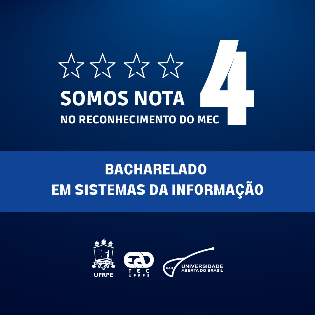 Sobre um fundo em degradê azul, estão 4 estrelas vazadas brancas, seguidas do texto: "Somos nota 4 no reconhecimento do MEC. Bacharelado em Sistemas de informação." Abaixo, em branco, estão os logotipos da UFRPE, da UAEADTec e da UAB